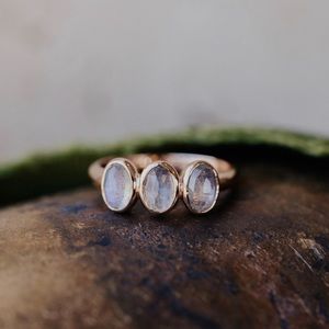 Genuine Natural Labradorite Triple Stone Sterling Silver 14k Gold Ring